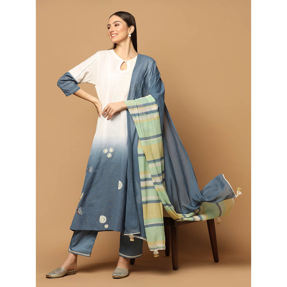 "Two Sisters" by Gyans Denim Blue and White Kurta with Pant and Dupatta (Set of 3)