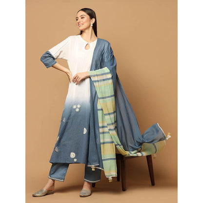"Two Sisters" by Gyans Denim Blue and White Kurta with Pant and Dupatta (Set of 3)