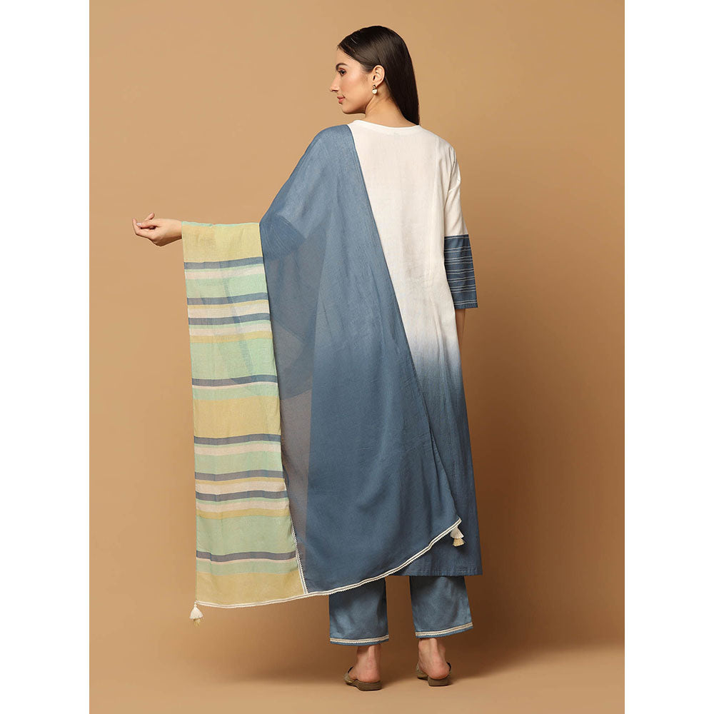 "Two Sisters" by Gyans Denim Blue and White Kurta with Pant and Dupatta (Set of 3)