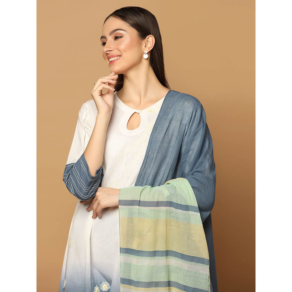 "Two Sisters" by Gyans Denim Blue and White Kurta with Pant and Dupatta (Set of 3)