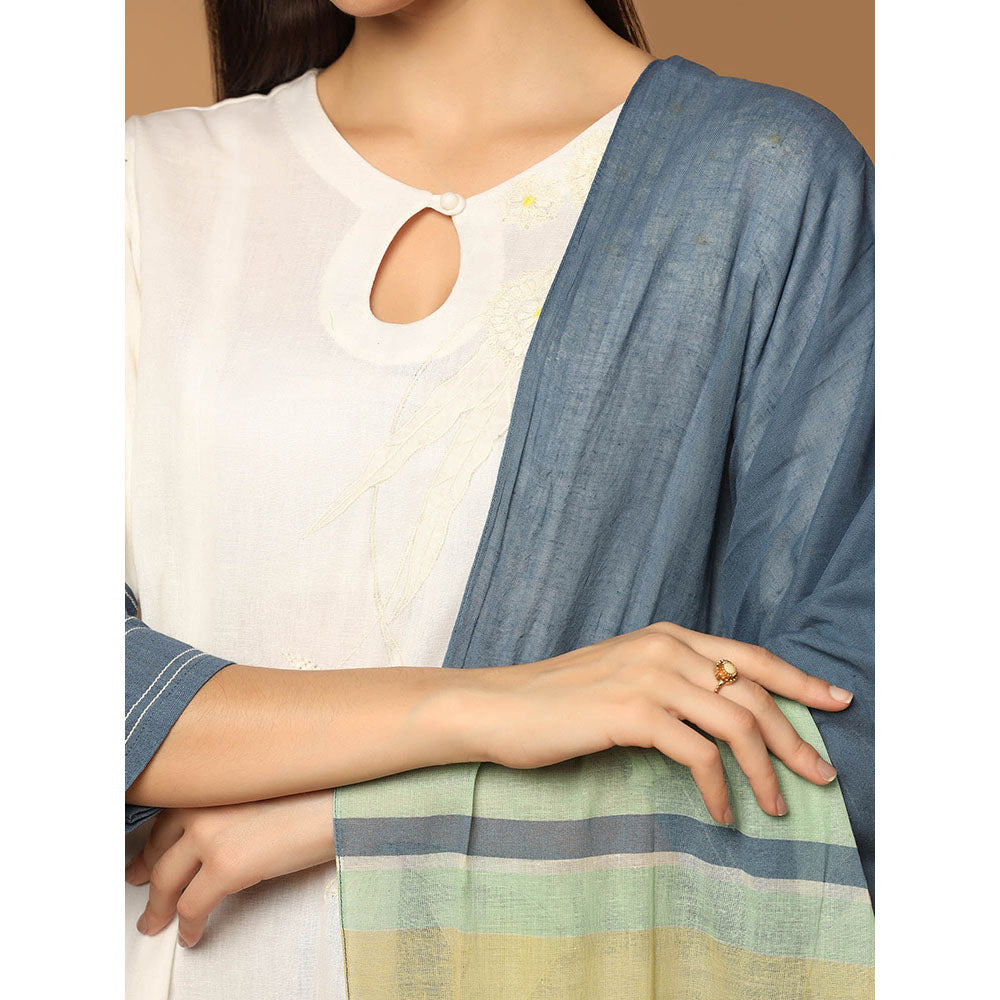 "Two Sisters" by Gyans Denim Blue and White Kurta with Pant and Dupatta (Set of 3)
