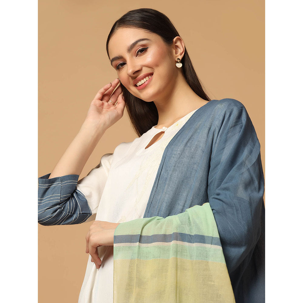 "Two Sisters" by Gyans Denim Blue and White Kurta with Pant and Dupatta (Set of 3)