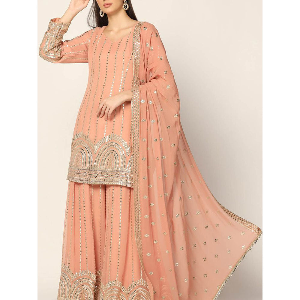 "Two Sisters" by Gyans Peach Zari Sharara with Kurta and Dupatta (Set of 3)