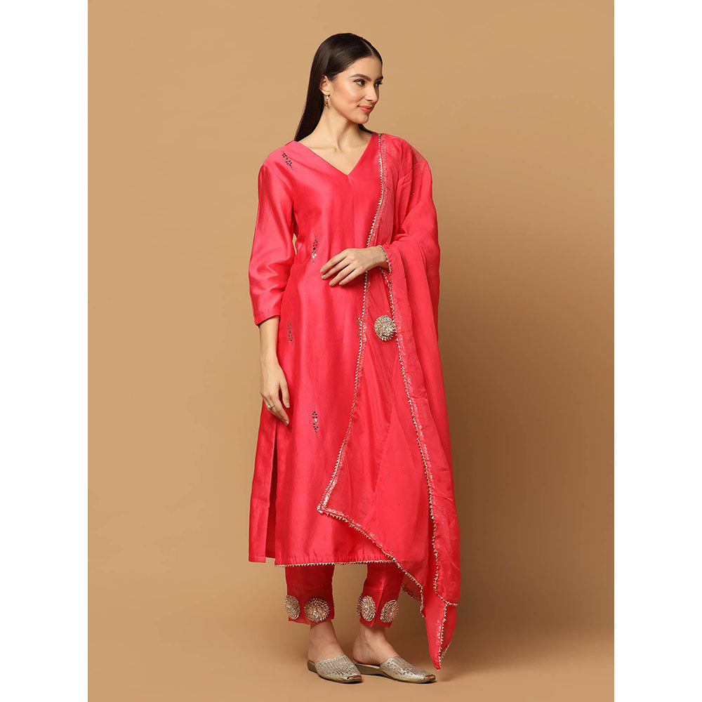 "Two Sisters" by Gyans Red Mukaish Kurta with Pant and Dupatta (Set of 3)