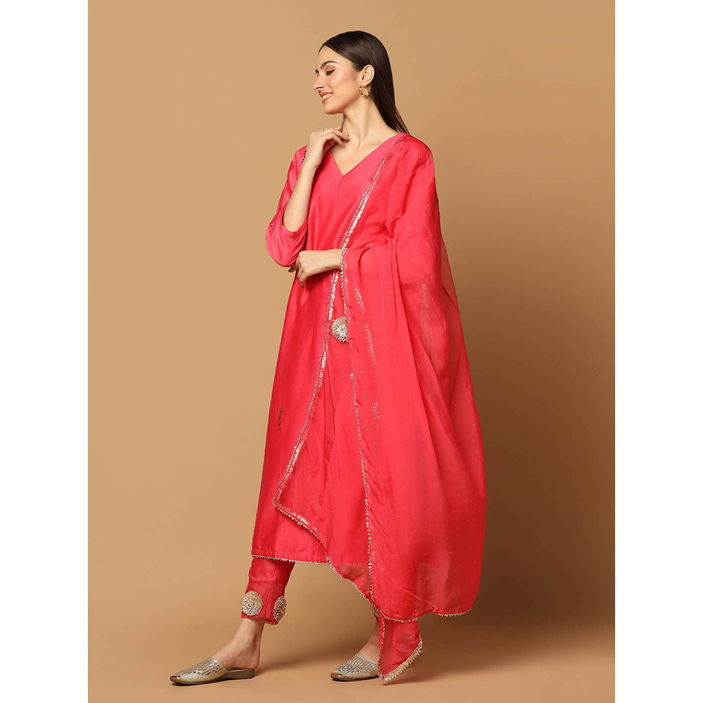 "Two Sisters" by Gyans Red Mukaish Kurta with Pant and Dupatta (Set of 3)