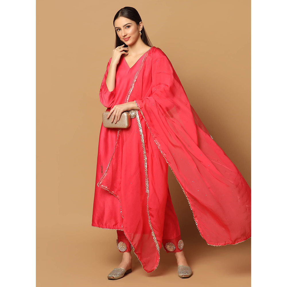 "Two Sisters" by Gyans Red Mukaish Kurta with Pant and Dupatta (Set of 3)