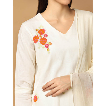"Two Sisters" by Gyans White Resham Kurta with Churidar and Dupatta (Set of 3)
