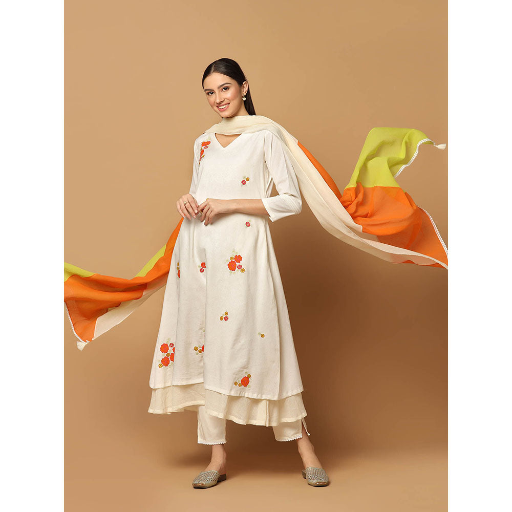 "Two Sisters" by Gyans White Resham Kurta with Churidar and Dupatta (Set of 3)
