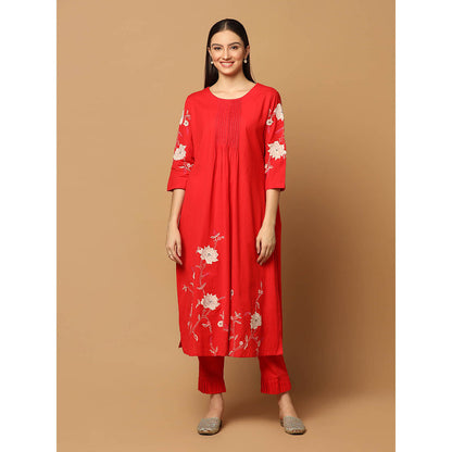 "Two Sisters" by Gyans Red Floral Applique Kurta with Pant and Dupatta (Set of 3)