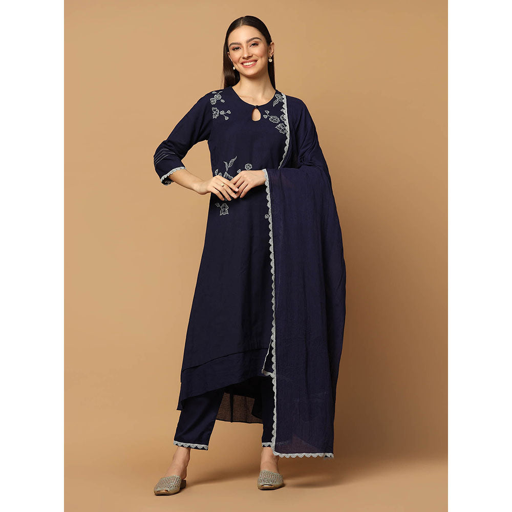 "Two Sisters" by Gyans Navy Blue Resham Kurta with Pant and Dupatta (Set of 3)