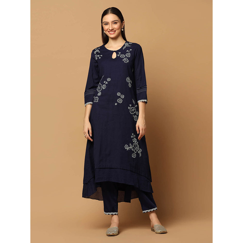 "Two Sisters" by Gyans Navy Blue Resham Kurta with Pant and Dupatta (Set of 3)