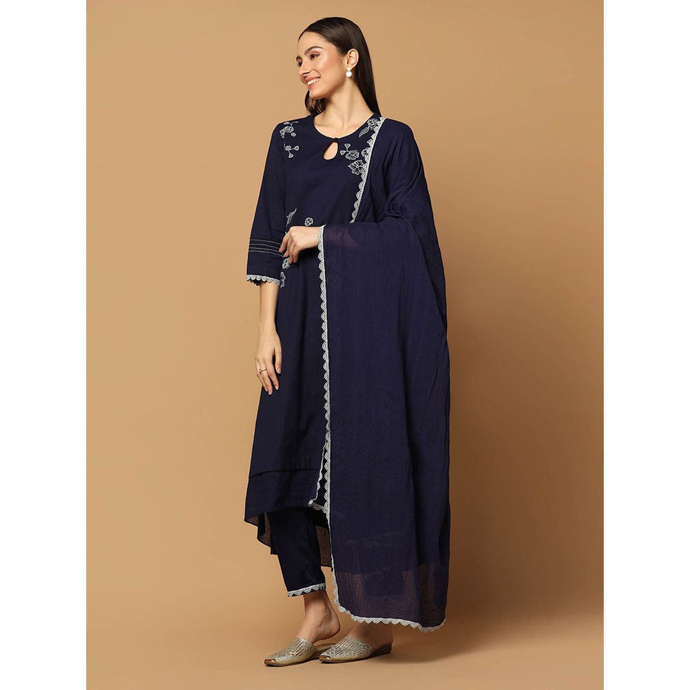 "Two Sisters" by Gyans Navy Blue Resham Kurta with Pant and Dupatta (Set of 3)