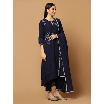 "Two Sisters" by Gyans Navy Blue Resham Kurta with Pant and Dupatta (Set of 3)