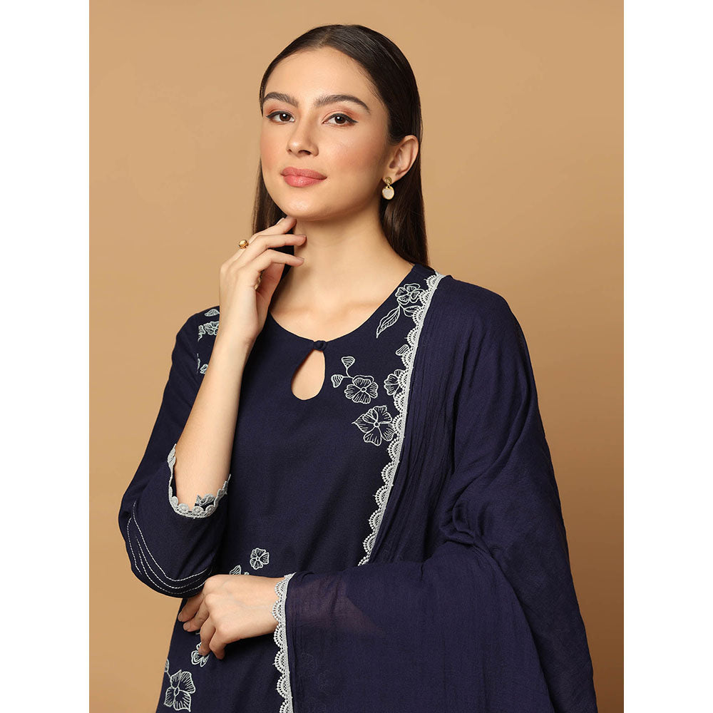 "Two Sisters" by Gyans Navy Blue Resham Kurta with Pant and Dupatta (Set of 3)