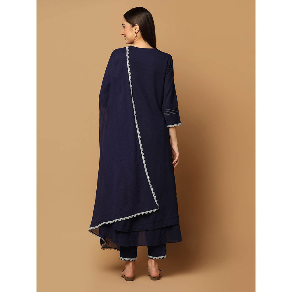 "Two Sisters" by Gyans Navy Blue Resham Kurta with Pant and Dupatta (Set of 3)