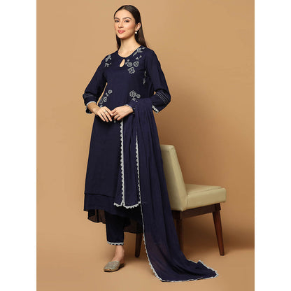 "Two Sisters" by Gyans Navy Blue Resham Kurta with Pant and Dupatta (Set of 3)