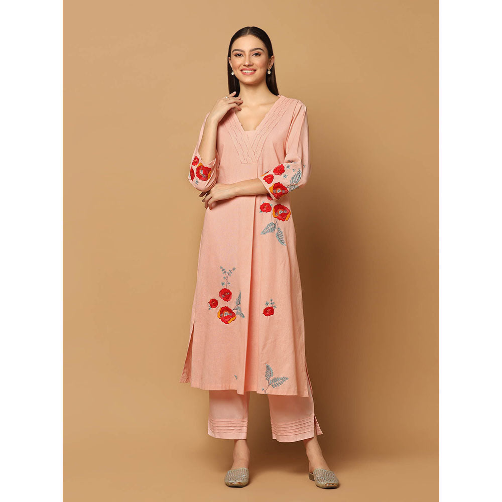 "Two Sisters" by Gyans Peach Applique & Resham Work Kurta Set (Set of 3)