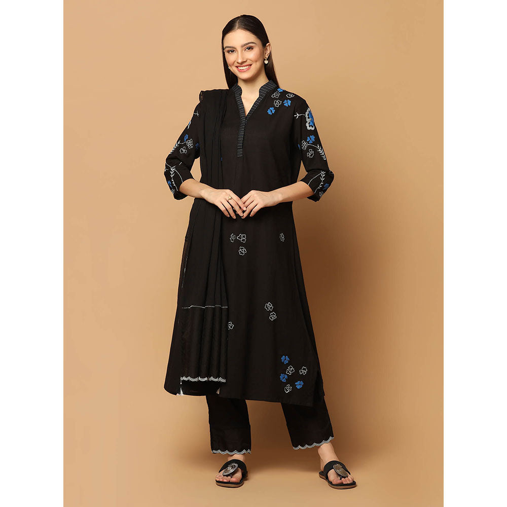 "Two Sisters" by Gyans Black Resham Thread Work Kurta with Pant and Dupatta (Set of 3)