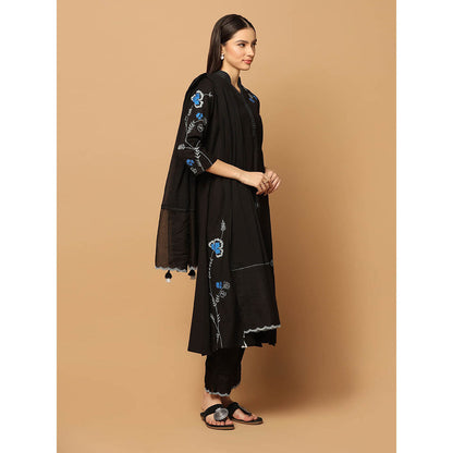 "Two Sisters" by Gyans Black Resham Thread Work Kurta with Pant and Dupatta (Set of 3)