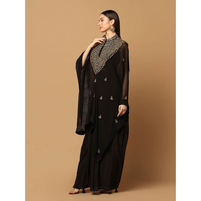"Two Sisters" by Gyans Black Skirt with Embroidered Kaftan Cape and Bustier (Set of 3)