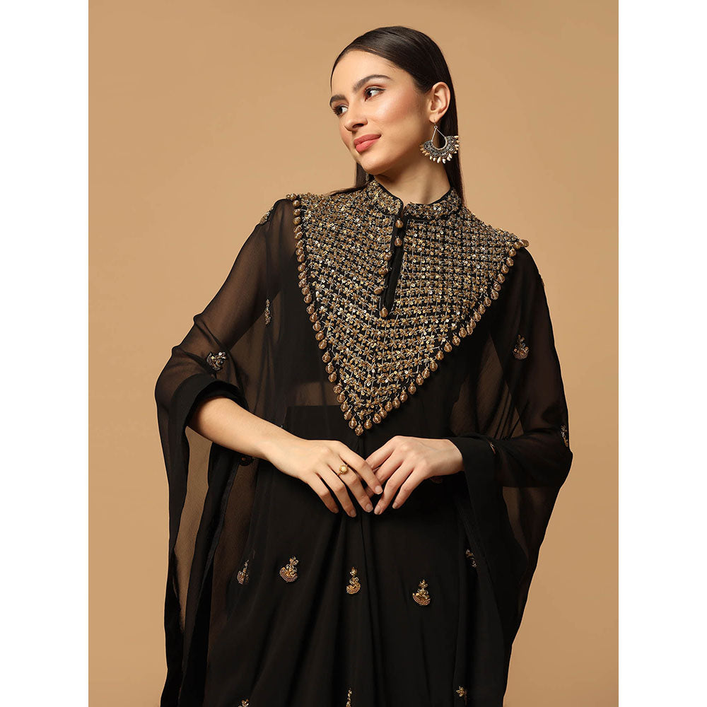 "Two Sisters" by Gyans Black Skirt with Embroidered Kaftan Cape and Bustier (Set of 3)