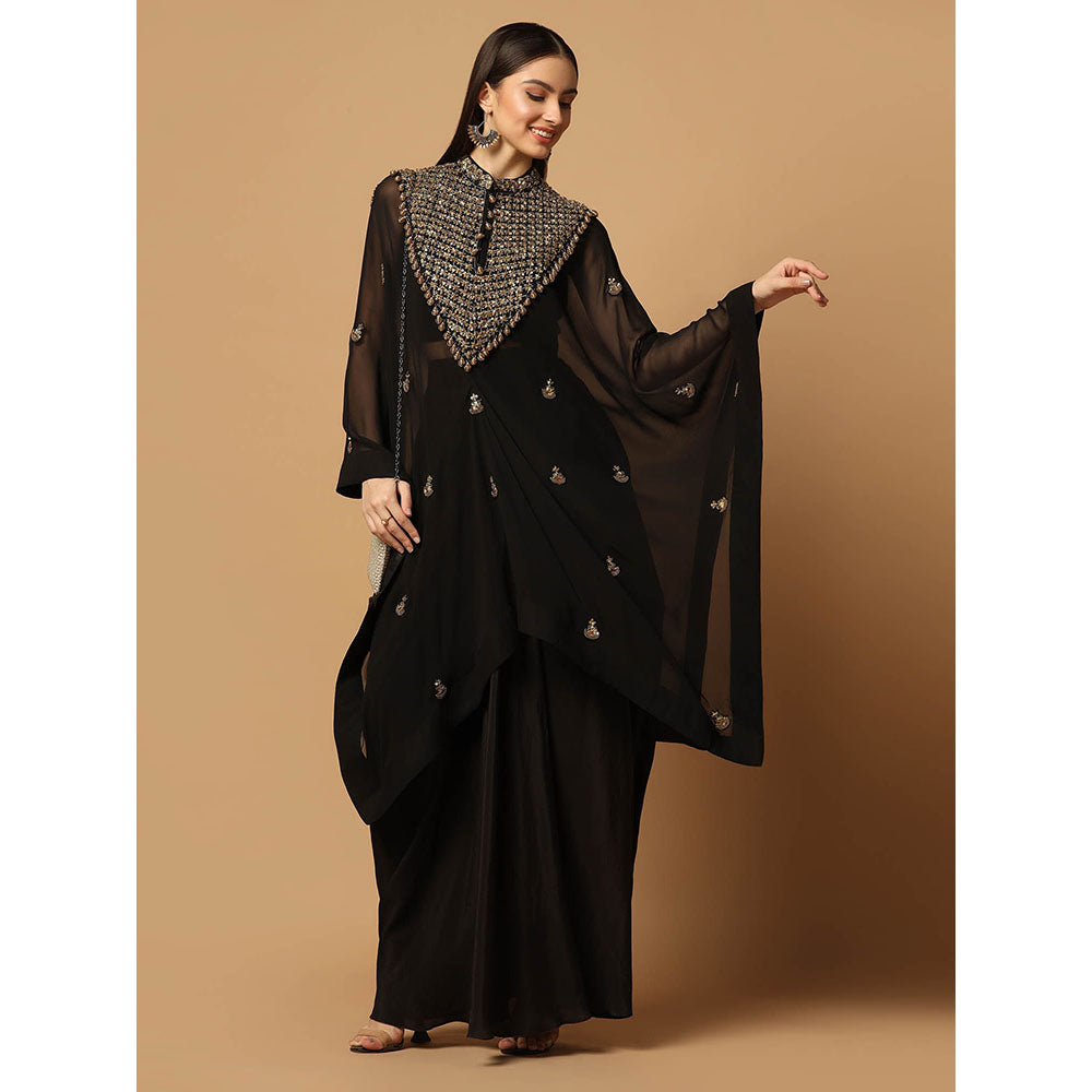 "Two Sisters" by Gyans Black Skirt with Embroidered Kaftan Cape and Bustier (Set of 3)