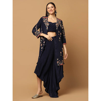 "Two Sisters" by Gyans Navy Blue Embroidered Jacket with Skirt and Bustier (Set of 3)