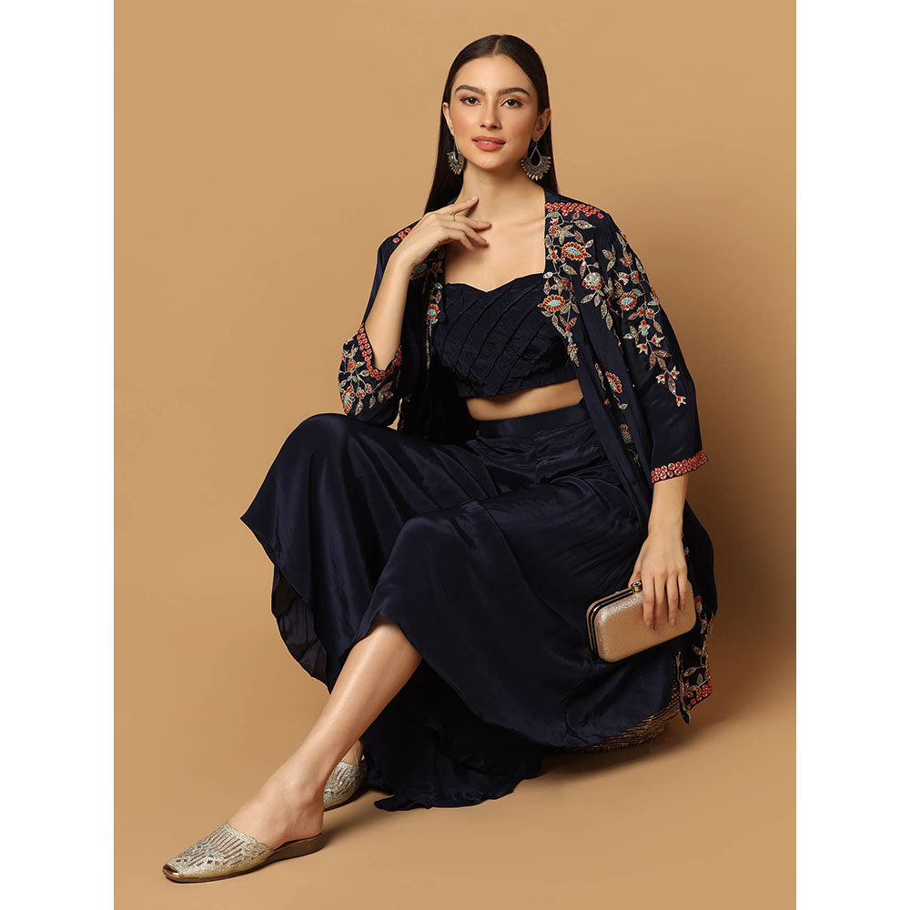 "Two Sisters" by Gyans Navy Blue Embroidered Jacket with Skirt and Bustier (Set of 3)