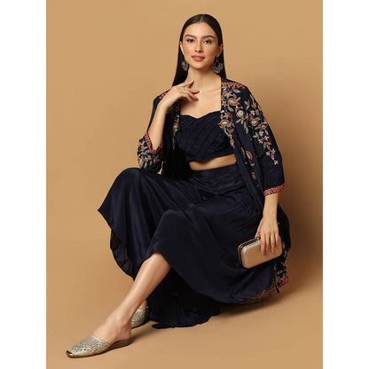 "Two Sisters" by Gyans Navy Blue Embroidered Jacket with Skirt and Bustier (Set of 3)