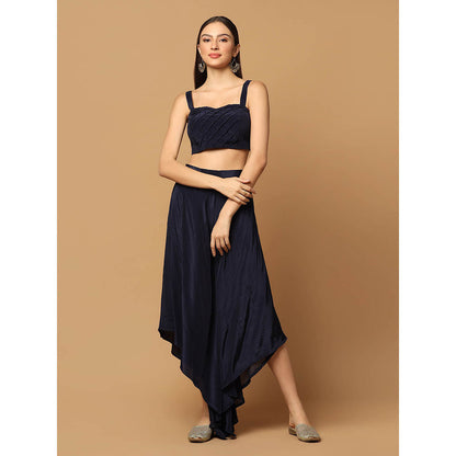 "Two Sisters" by Gyans Navy Blue Embroidered Jacket with Skirt and Bustier (Set of 3)