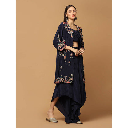 "Two Sisters" by Gyans Navy Blue Embroidered Jacket with Skirt and Bustier (Set of 3)
