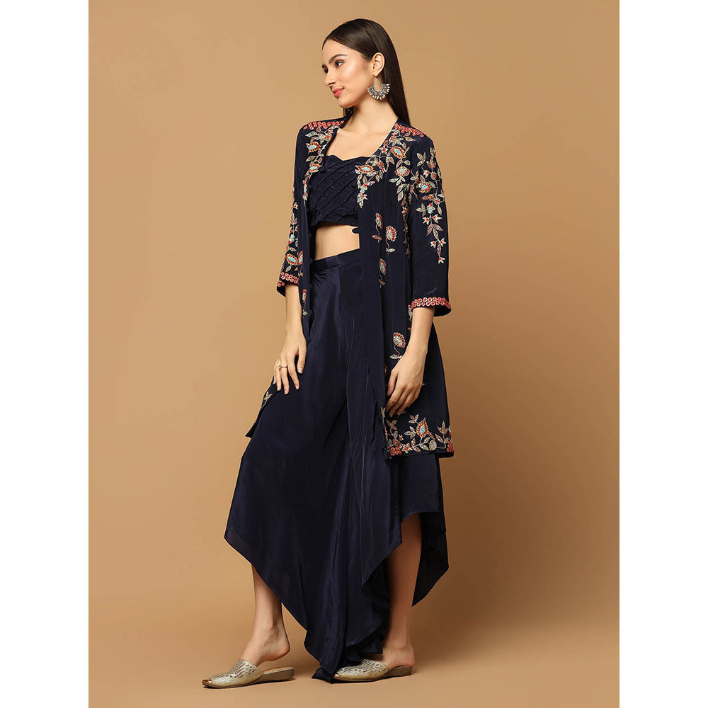 "Two Sisters" by Gyans Navy Blue Embroidered Jacket with Skirt and Bustier (Set of 3)