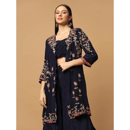 "Two Sisters" by Gyans Navy Blue Embroidered Jacket with Skirt and Bustier (Set of 3)
