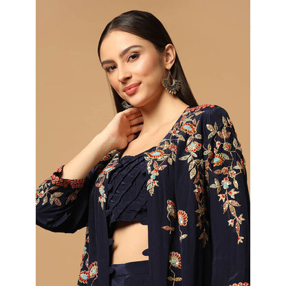 "Two Sisters" by Gyans Navy Blue Embroidered Jacket with Skirt and Bustier (Set of 3)