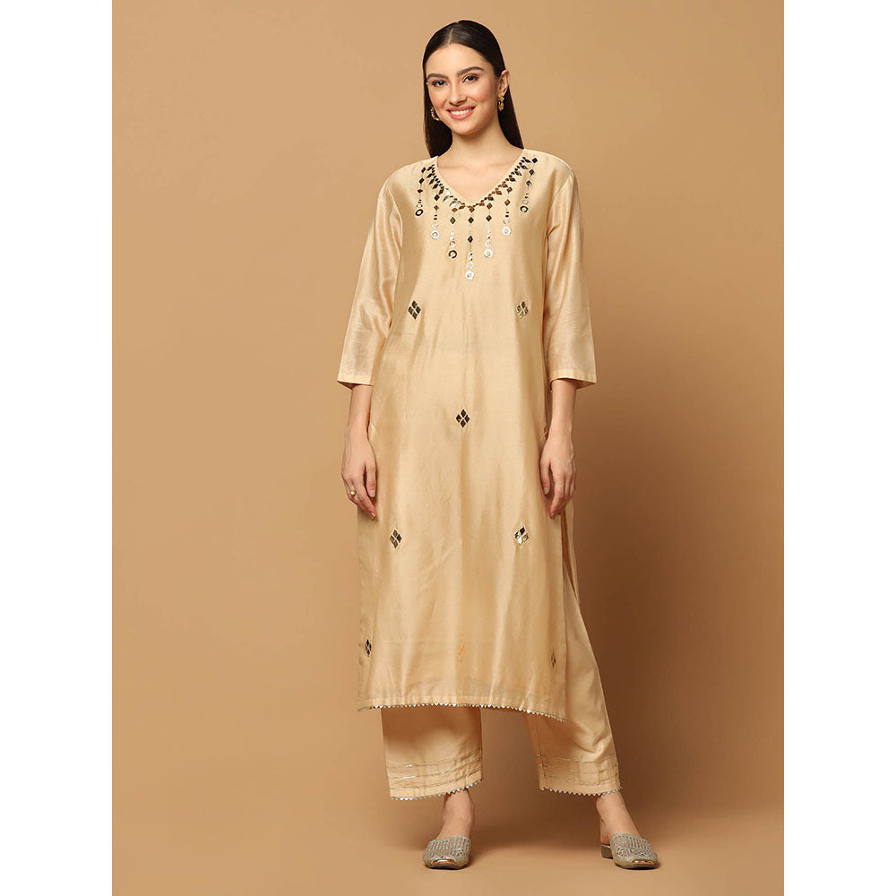 "Two Sisters" by Gyans Beige Mukaish Work Kurta with Pant and Dupatta (Set of 3)