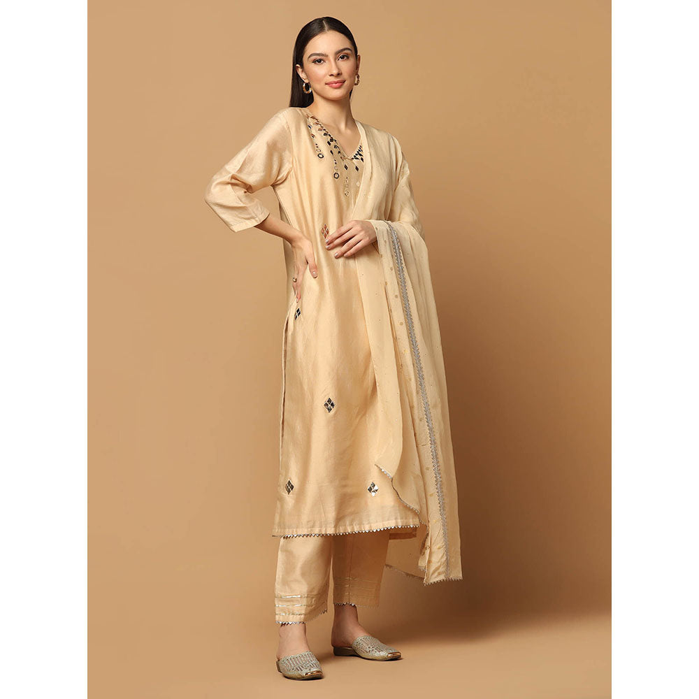 "Two Sisters" by Gyans Beige Mukaish Work Kurta with Pant and Dupatta (Set of 3)