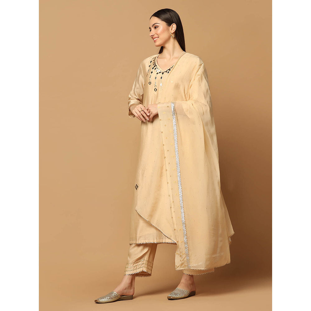 "Two Sisters" by Gyans Beige Mukaish Work Kurta with Pant and Dupatta (Set of 3)
