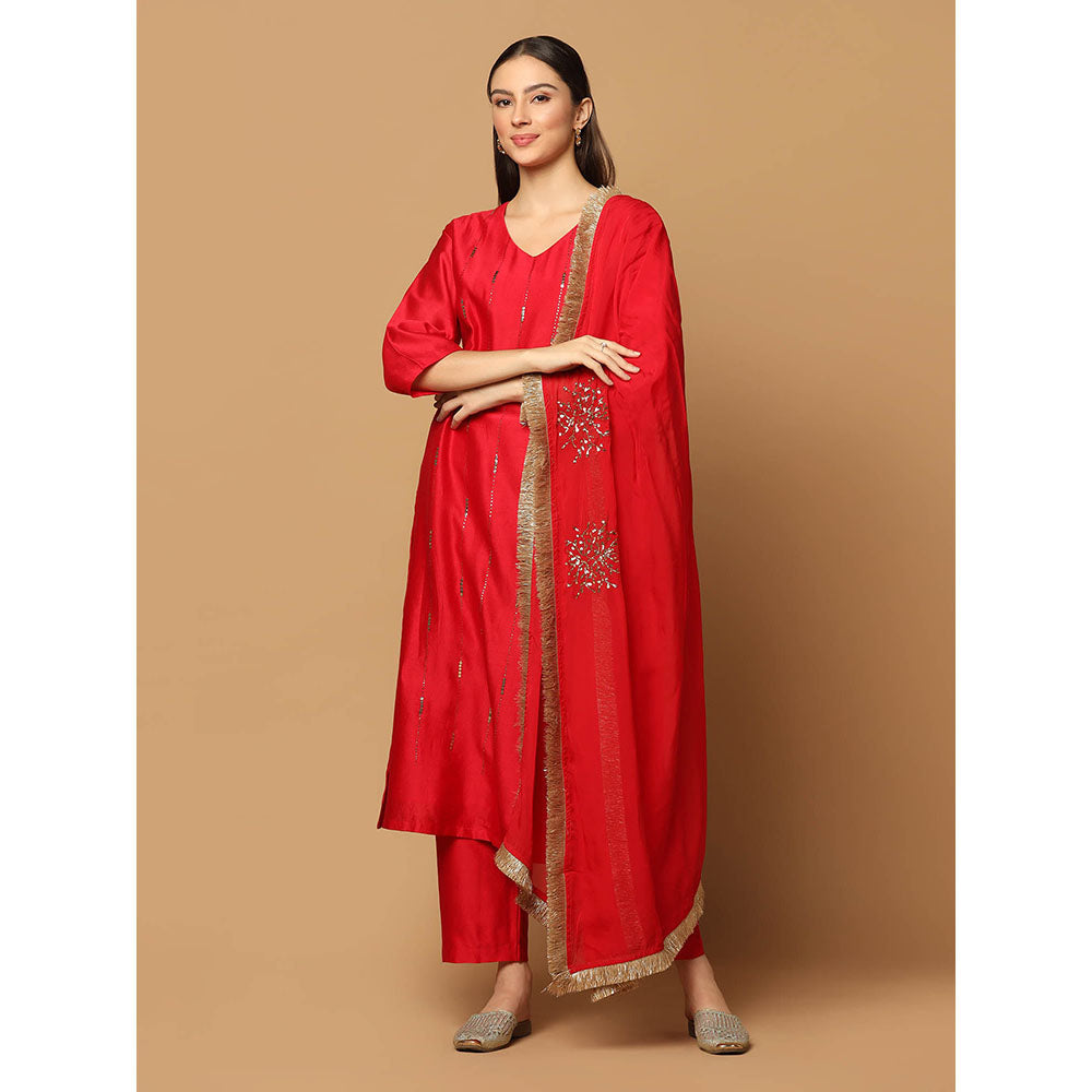 "Two Sisters" by Gyans Red Mukaish Kurta with Pant and Dupatta (Set of 3)