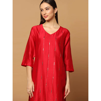 "Two Sisters" by Gyans Red Mukaish Kurta with Pant and Dupatta (Set of 3)
