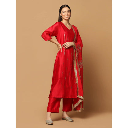 "Two Sisters" by Gyans Red Mukaish Kurta with Pant and Dupatta (Set of 3)