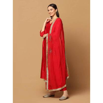 "Two Sisters" by Gyans Red Mukaish Kurta with Pant and Dupatta (Set of 3)