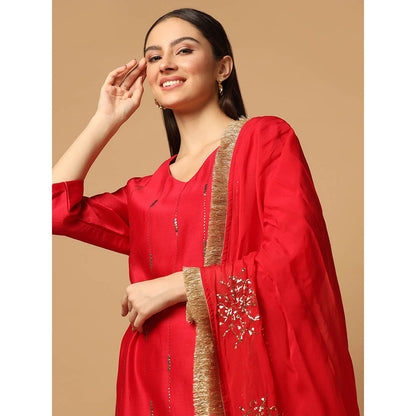 "Two Sisters" by Gyans Red Mukaish Kurta with Pant and Dupatta (Set of 3)