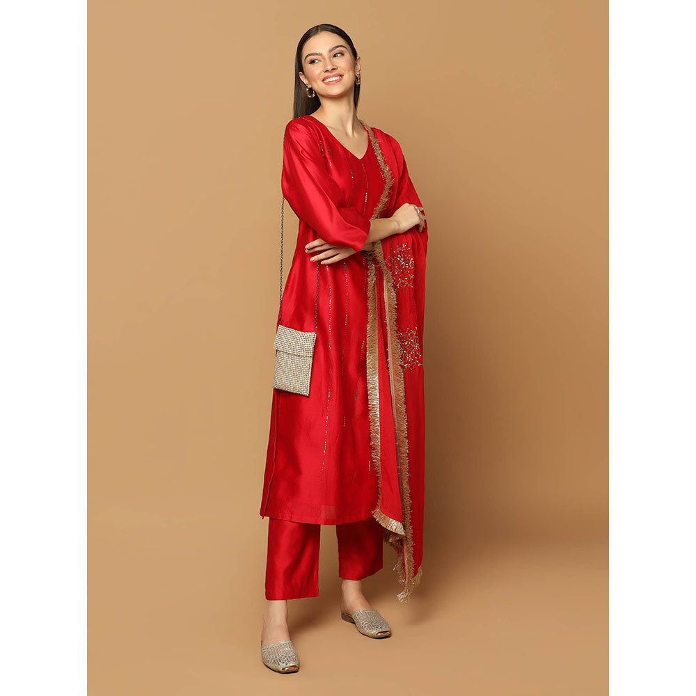 "Two Sisters" by Gyans Red Mukaish Kurta with Pant and Dupatta (Set of 3)