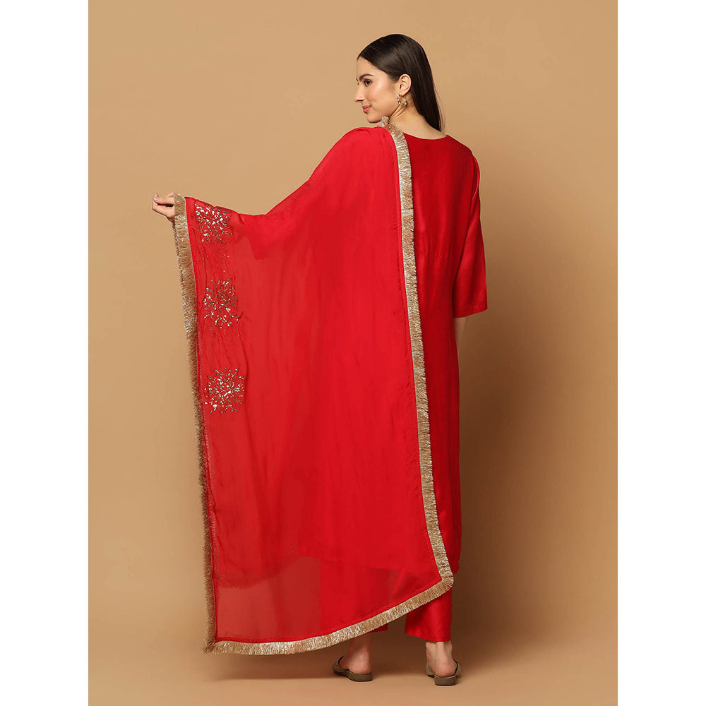 "Two Sisters" by Gyans Red Mukaish Kurta with Pant and Dupatta (Set of 3)