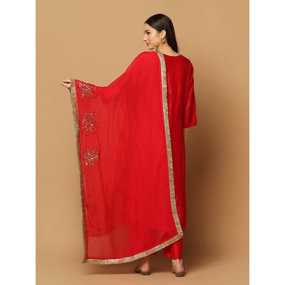 "Two Sisters" by Gyans Red Mukaish Kurta with Pant and Dupatta (Set of 3)
