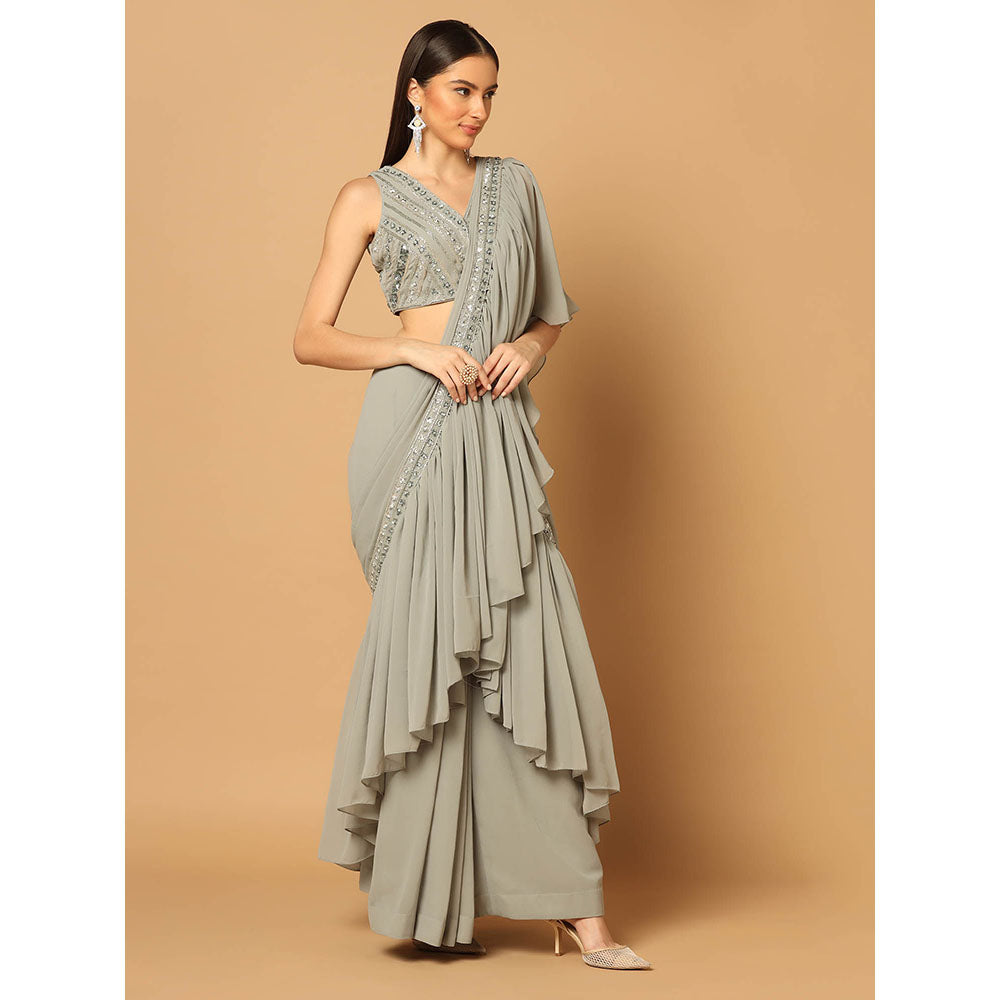 "Two Sisters" by Gyans Grey Ruffled Draped Saree with Stitched Blouse