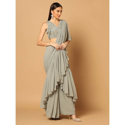"Two Sisters" by Gyans Grey Ruffled Draped Saree with Stitched Blouse