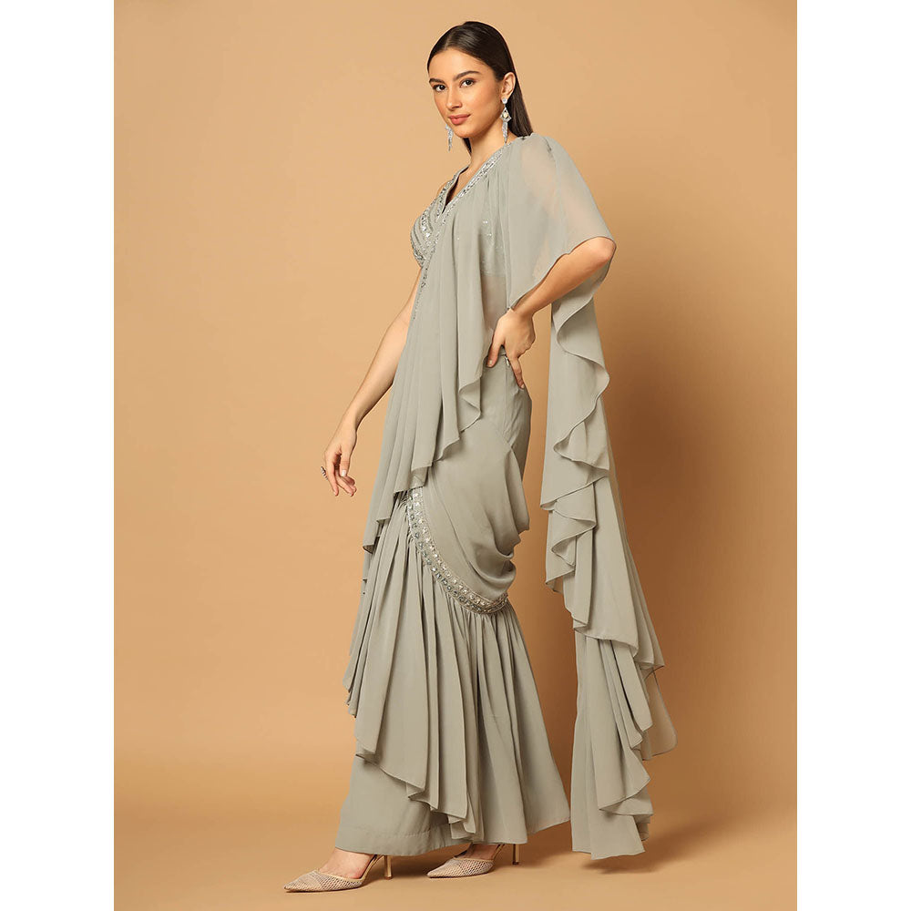 "Two Sisters" by Gyans Grey Ruffled Draped Saree with Stitched Blouse