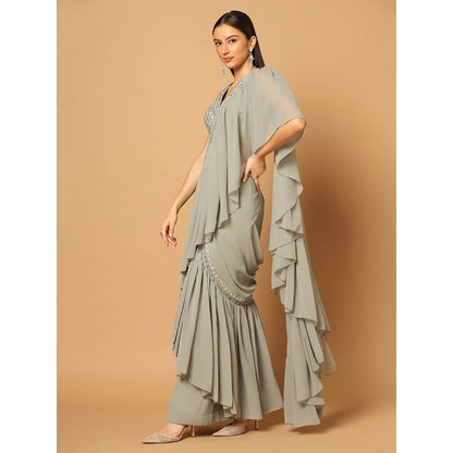 "Two Sisters" by Gyans Grey Ruffled Draped Saree with Stitched Blouse