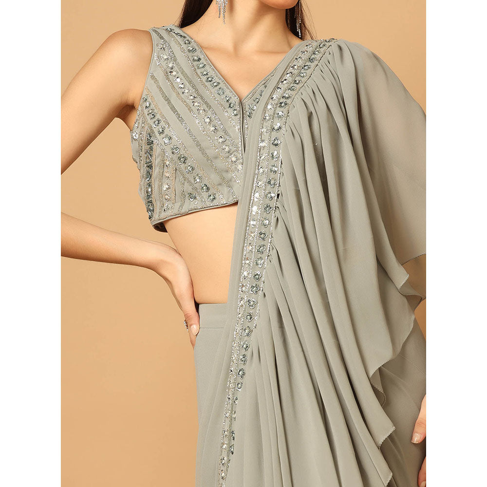 "Two Sisters" by Gyans Grey Ruffled Draped Saree with Stitched Blouse